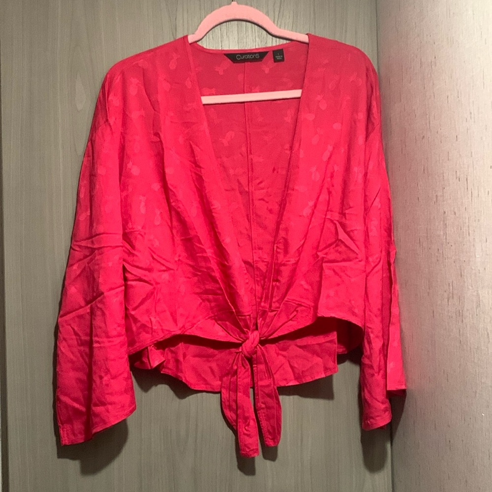 Curations NEW pink pinapple tie front crop top shirt blouse